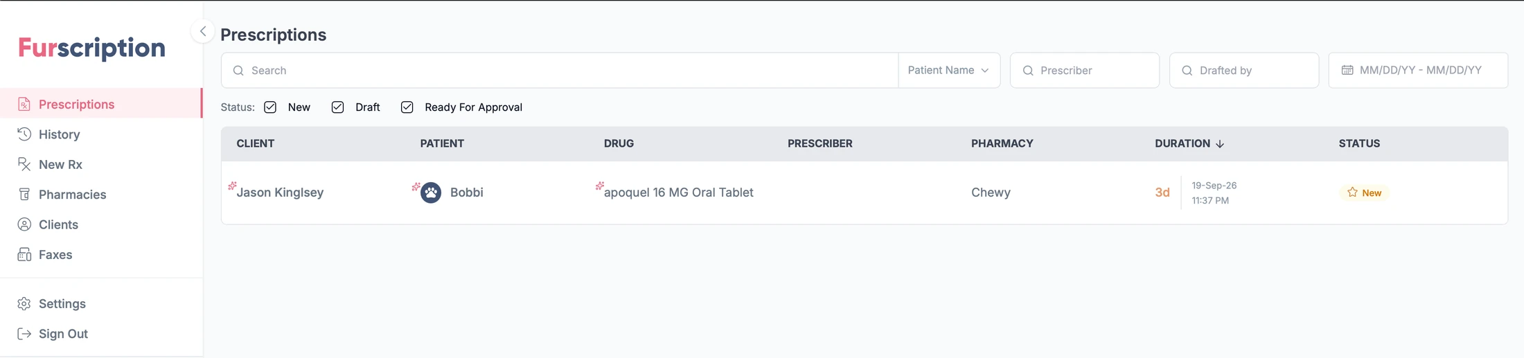 Furscription prescriptions queue with status filters, scoped search fields, and a sortable table of pending prescriptions