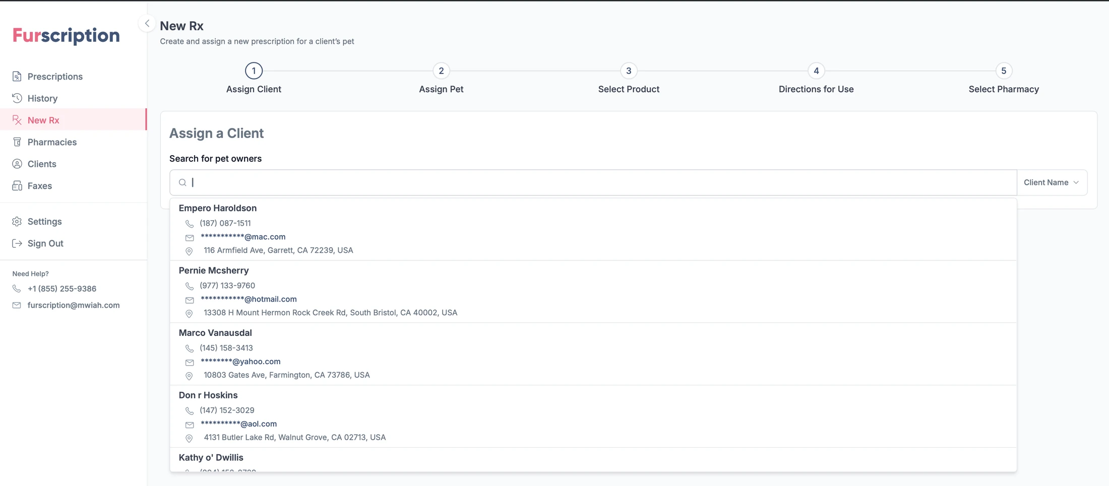 Assign a Client step showing a typeahead where each result is a full record card with phone, masked email and address