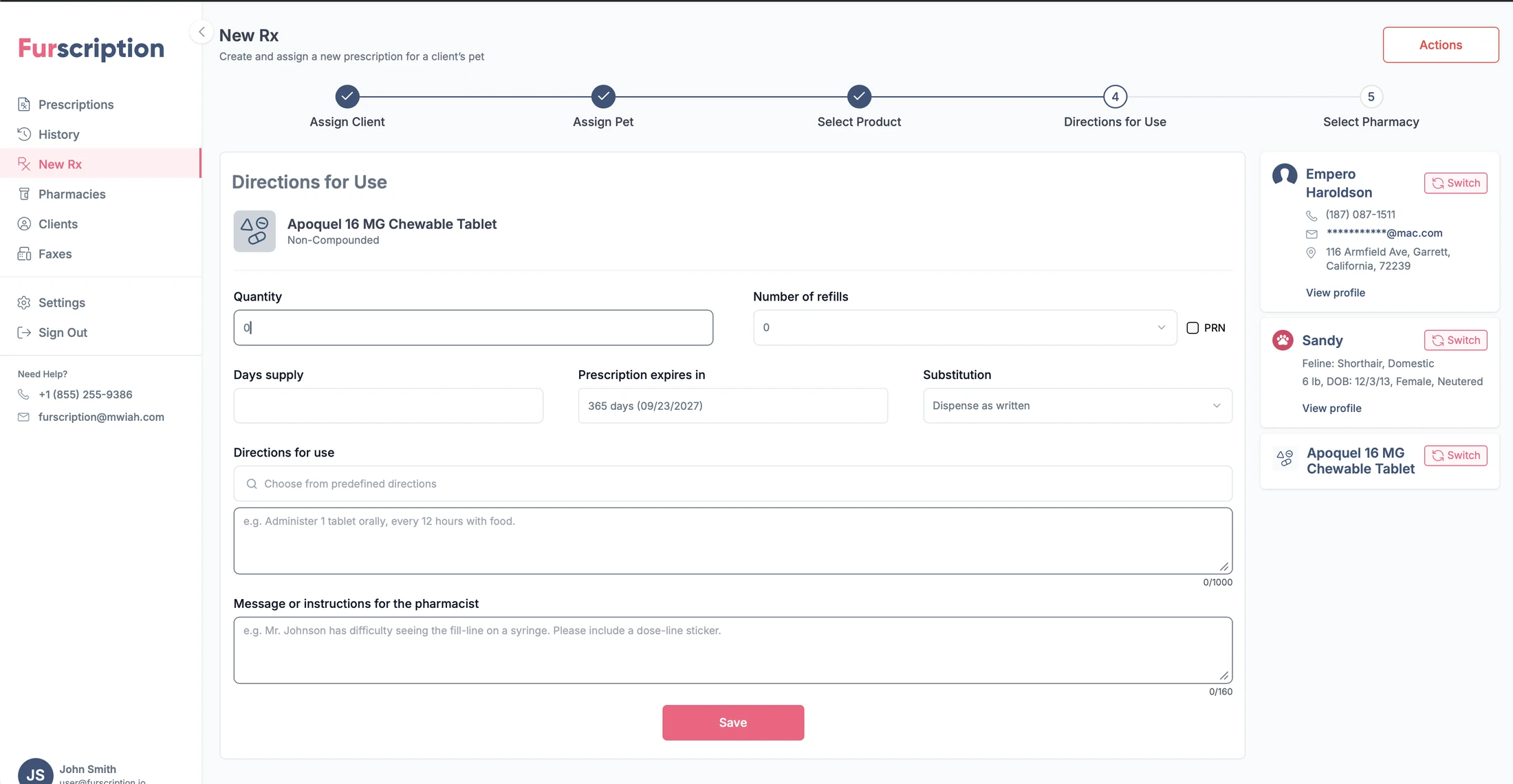 Directions for Use step with the prescription form on the left and a persistent context rail on the right holding client, pet and product
