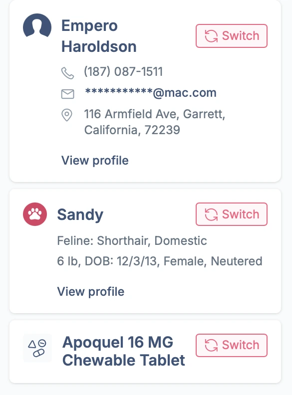 Context rail holding client, pet and product cards