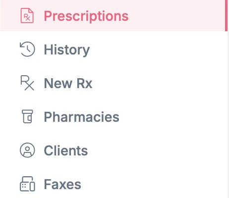 Sidebar navigation with Prescriptions selected