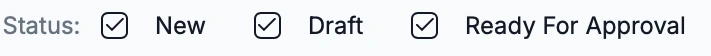 Status filter checkboxes: New, Draft, Ready For Approval